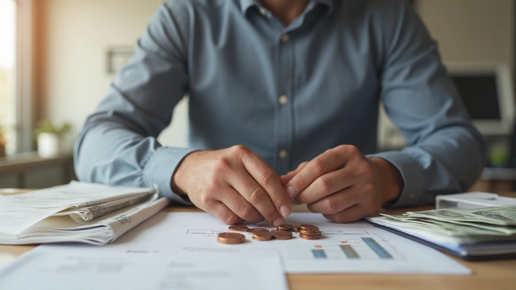 Руки человека подсчитывающего монеты и купюры при планировании расходов