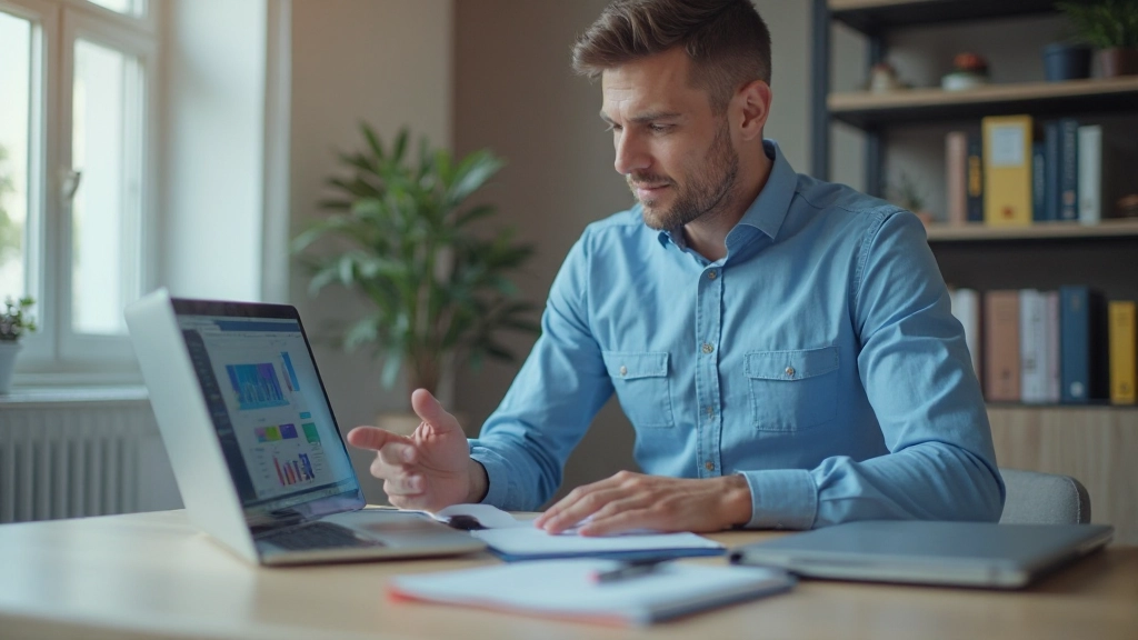 Человек анализирует финансовые данные и бюджет за рабочим столом