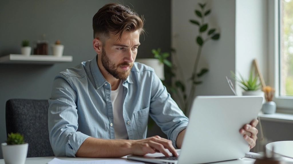 Молодой человек с ноутбуком изучает информацию о финансовом планировании
